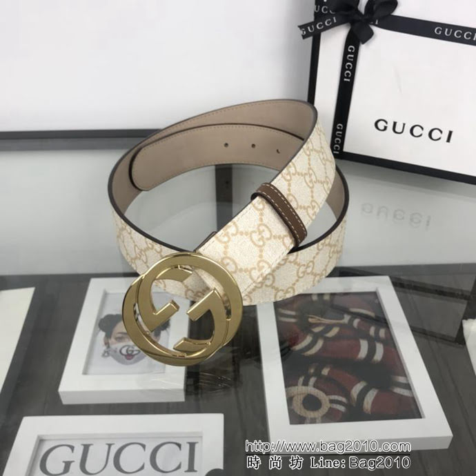 GUCCI古馳 官網經典款 原單品質 專櫃PVC新花色 米白提花面料 雙G拋光亮面扣 男士皮帶  xfp1438